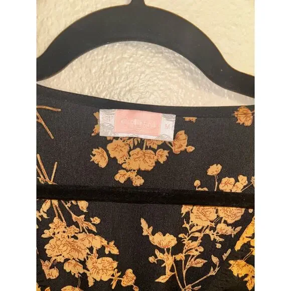 C+D+M Boho Preppy Professional Old Money Black & Gold Floral Wrap Dress - Picture 8 of 14